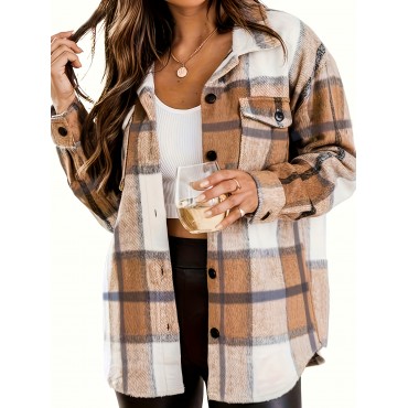 Plaid Print Shacket Jacket, Casual Button Front Long Sleeve Outerwear, Women's Clothing Plaid Print Shacket Jacket, Casual Button Front Long Sleeve Outerwear, Women's Clothing