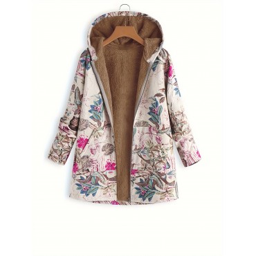 Floral Hooded Fall & Winter Jacket, Casual Open Front Long Sleeve Outerwear, Women's Clothing Floral Hooded Fall & Winter Jacket, Casual Open Front Long Sleeve Outerwear, Women's Clothing