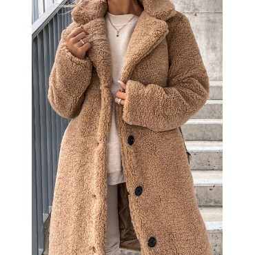 Solid Teddy Fall & Winter Coat, Casual Button Front Long Sleeve Outerwear, Women's Clothing Solid Teddy Fall & Winter Coat, Casual Button Front Long Sleeve Outerwear, Women's Clothing