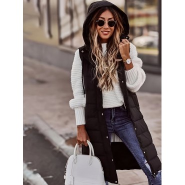 Solid Drawstring Hooded Vest, Versatile Sleeveless Winter Warm Outwear For Fall & Winter, Women's Clothing Solid Drawstring Hooded Vest, Versatile Sleeveless Winter Warm Outwear For Fall & Winter, Women's Clothing