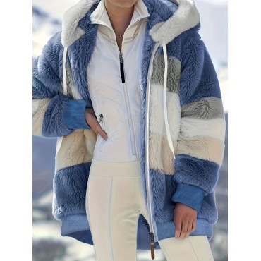 Color Block Fuzzy Fall & Winter Jacket, Casual Zip Up Hooded Long Sleeve Outerwear With Pocket, Women's Clothing Color Block Fuzzy Fall & Winter Jacket, Casual Zip Up Hooded Long Sleeve Outerwear With Pocket, Women's Clothing