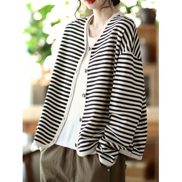 Striped Print Button Front Jacket, Casual V Neck Long Sleeve Outerwear For Spring & Summer, Women's Clothing Striped Print Button Front Jacket, Casual V Neck Long Sleeve Outerwear For Spring & Summer, Women's Clothing