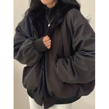 Solid Warm Hooded Coat, Casual Open Front Long Sleeve Winter Outerwear, Women's Clothing Solid Warm Hooded Coat, Casual Open Front Long Sleeve Winter Outerwear, Women's Clothing