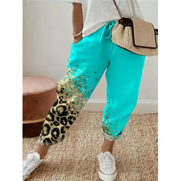 Leopard & Sequins Print Drawstring Pants, Casual Loose Pants For Spring & Fall, Women's Clothing Leopard & Sequins Print Drawstring Pants, Casual Loose Pants For Spring & Fall, Women's Clothing