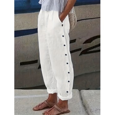 Side Button Solid Pants, Casual Simple Wide Leg Pants, Women's Clothing Side Button Solid Pants, Casual Simple Wide Leg Pants, Women's Clothing