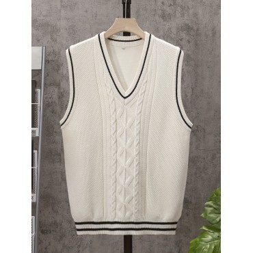 Casual Sleeveless V-Neck Sweaters, Men's Cable Knit Vest Casual Sleeveless V-Neck Sweaters, Men's Cable Knit Vest