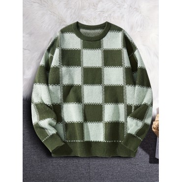Men's Checkerboard Knitted Sweater - Warm And Stretchy Casual Pullover For Fall And Winter Men's Checkerboard Knitted Sweater - Warm And Stretchy Casual Pullover For Fall And Winter