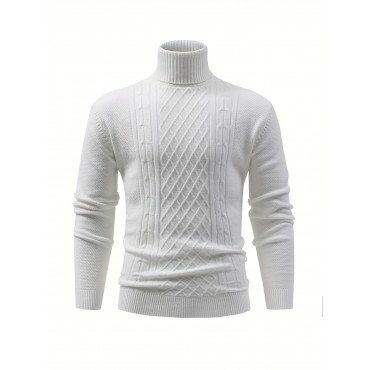 Turtle Neck Knitted Cable Sweater, Men's Casual Warm Solid High Stretch Pullover Sweater For Fall Winter Turtle Neck Knitted Cable Sweater, Men's Casual Warm Solid High Stretch Pullover Sweater For Fall Winter