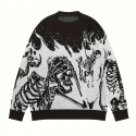Y2K Long Sleeve Sweater, Loose Casual Sweater Skull Pattern Knitted Sweater, Men's Warm Slightly Stretch Crew Neck Pullover Sweater For Men Fall Winter