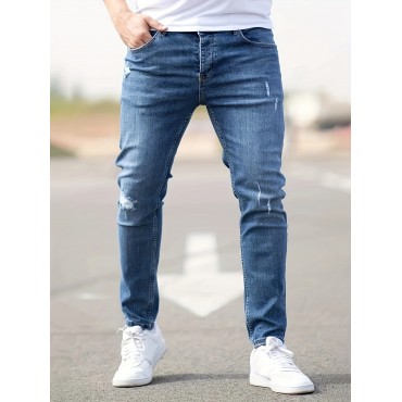 Ripped Design Cotton Slim Fit Jeans, Men's Casual Street Style Leg Mid Stretch Denim Pants For Spring Summer Ripped Design Cotton Slim Fit Jeans, Men's Casual Street Style Leg Mid Stretch Denim Pants For Spring Summer