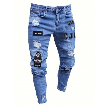 Embroidery Slim Fit Ripped Jeans, Men's Casual Street Style Distressed Denim Pants For Spring Summer Embroidery Slim Fit Ripped Jeans, Men's Casual Street Style Distressed Denim Pants For Spring Summer