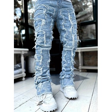 Men's Y2k Raw Trim Straight Leg Jeans, Casual Street Style Jeans Men's Y2k Raw Trim Straight Leg Jeans, Casual Street Style Jeans