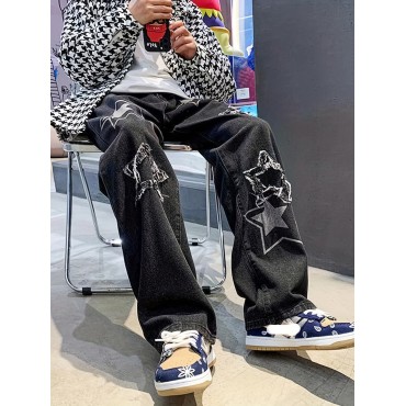 Y2k Distressed Star Pattern Jeans, Men's Halloween Casual Street Style Loose Fit Denim Pants For The Four Seasons Y2k Distressed Star Pattern Jeans, Men's Halloween Casual Street Style Loose Fit Denim Pants For The Four Seasons