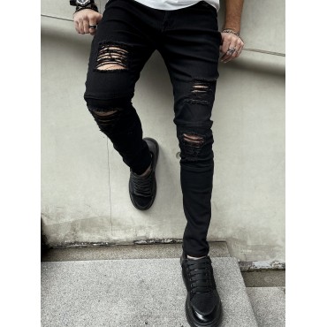 Men's Fashion Ripped Skinny Mid Stretch Jeans Slim Fit Denim Pants With Pockets Men's Fashion Ripped Skinny Mid Stretch Jeans Slim Fit Denim Pants With Pockets