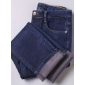 Warm Fleece Straight Leg Jeans For Business, Men's Semi-formal Denim Pants For Fall Winter